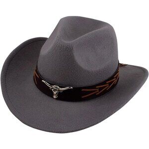Unisex Gray 100% Polyester Bull Skull Buckle Band Fedora Cowboy Felt Hat
